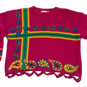 Vintage Gantos Ugly Knit Sweater Pink Frayed Ends L